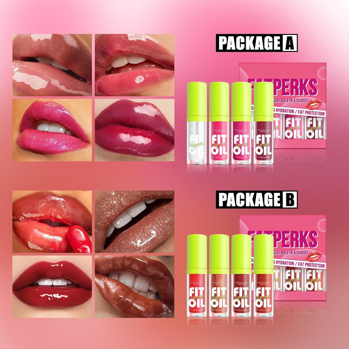 Hydrating Lip Oil Collection - 4 Shades of Glossy, Moisturizing Lip Glaze with Large Brush Applicator, Long-Lasting, Non-Sticky, Transparent Tinted Formula for Plump Lips - Set A