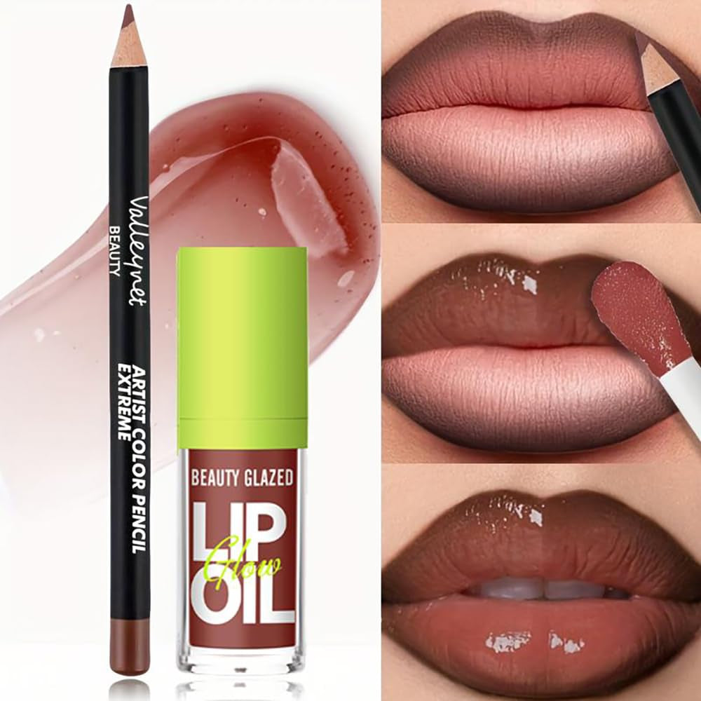 Lip Gloss and Lip Liner Set - Cocoa Brown, 90s Ombre Effect, High Shine Finish, Plumping and Volume Enhancing, Fuller Looking Lips (#V04+107)