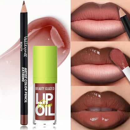 Lip Gloss and Lip Liner Set - Cocoa Brown, 90s Ombre Effect, High Shine Finish, Plumping and Volume Enhancing, Fuller Looking Lips (#V04+107)