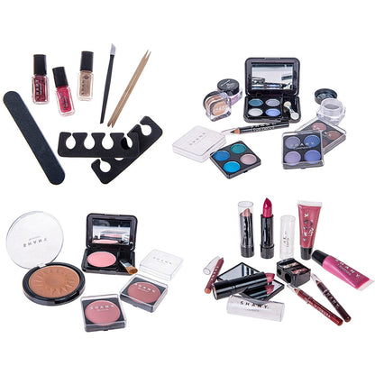 Carry All Trunk Makeup Train Case with Re-Usable Aluminum Beauty Storage Organizer Case. Make up Set with Eye Palettes, Blushes,Face Powders, Manicure, Pedicure and Cosmetics Brushes. GIFT SET