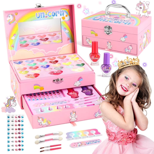 36-Piece Unicorn Makeup Kit for Girls – Real Washable Pretend Play Cosmetic Set with Mirror, Ideal Birthday Gift for Ages 4 to 9, Pink