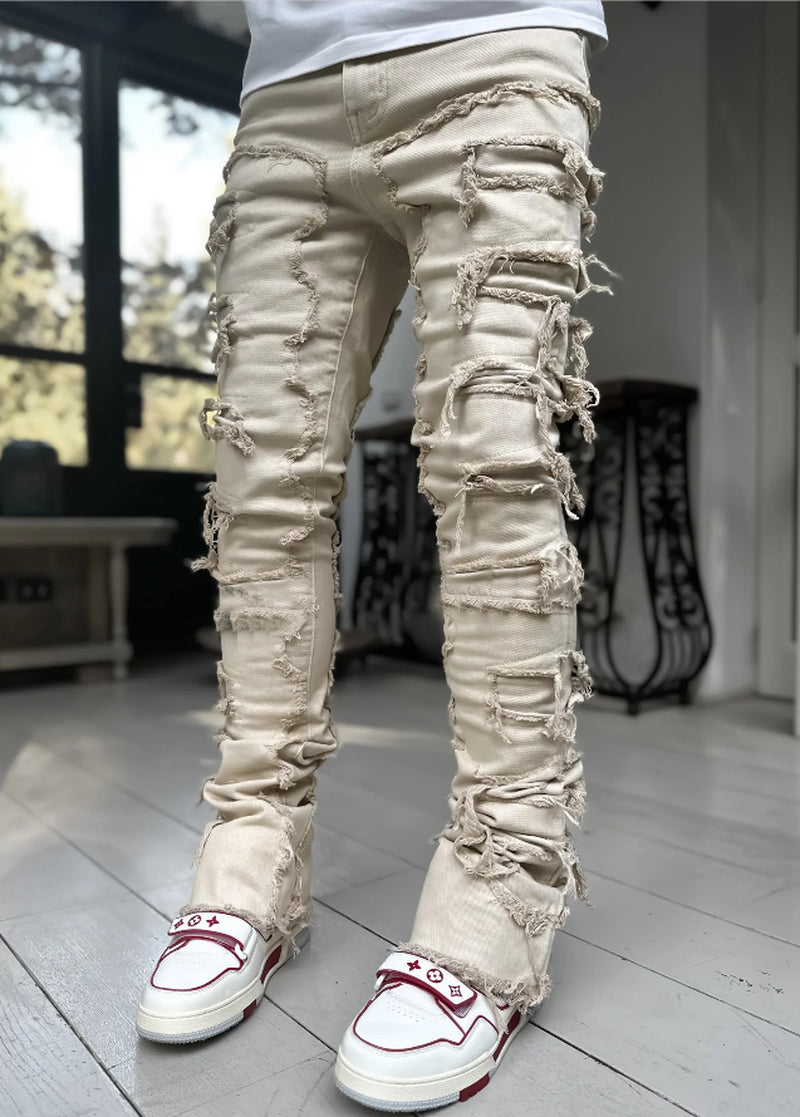 Men's Ripped Patchwork Stacked Jeans
