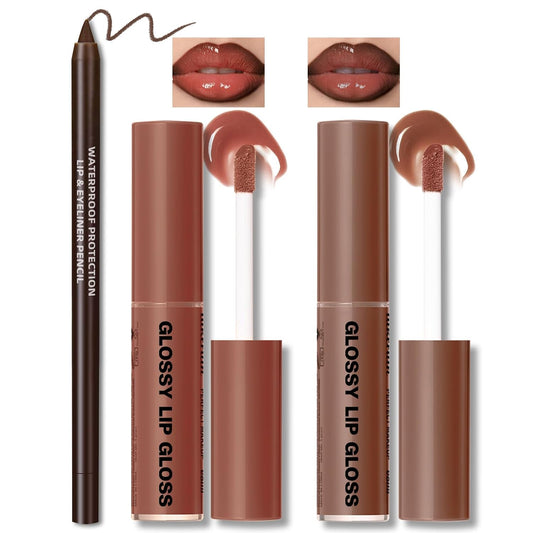 HOSAILY Nourishing Lip Gloss and Brown Lip Liner Duo, Hydrating Plumping Lip Glow Oil Set for Women, Moisturizing Lightweight Long-Lasting High Shine Lip Tint, Mini Liquid Lipstick Makeup Collection