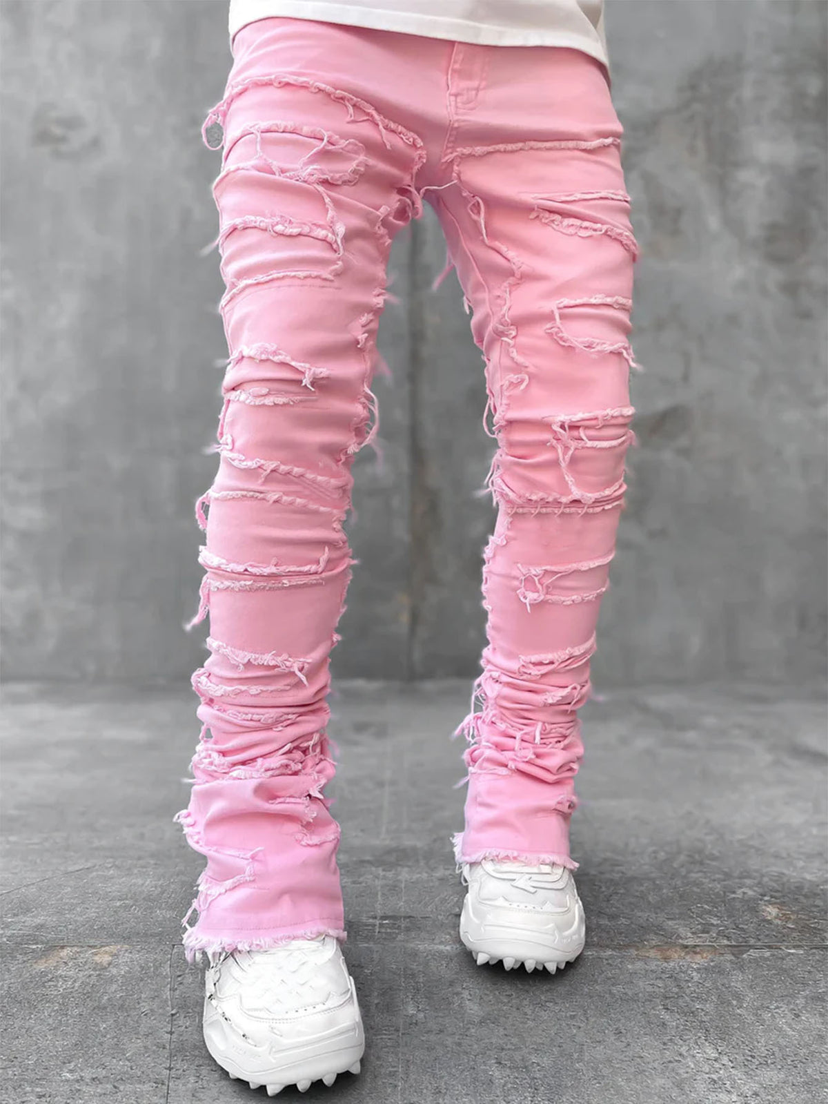 Men's Ripped Patchwork Stacked Jeans