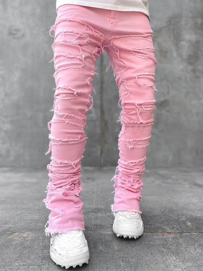 Men's Ripped Patchwork Stacked Jeans