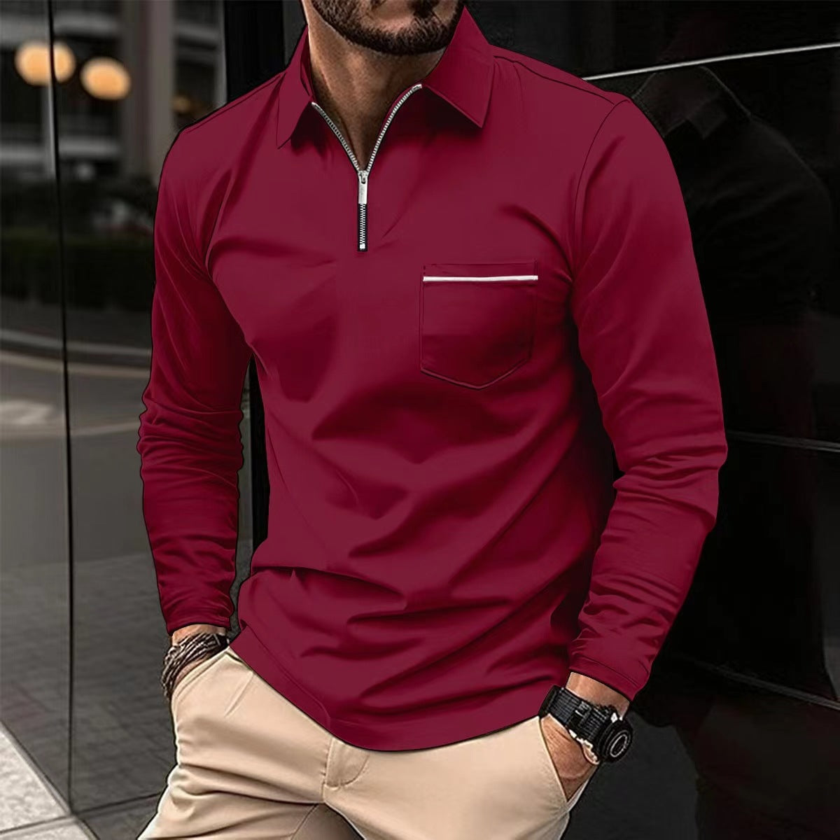 Men's Long Sleeve Zip Collar Shirt