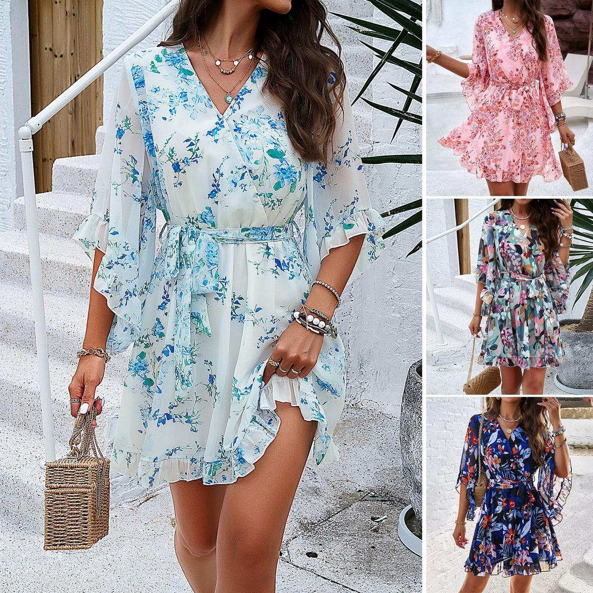 Women's Floral V-Neck Short Sleeve Ruffle Mini Dress
