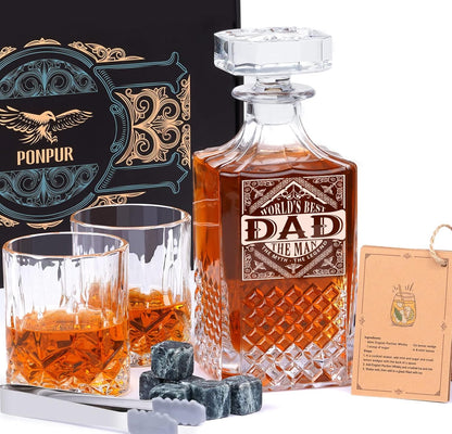 PONPUR Whiskey Decanter Set with 2 Glasses - Ideal Gift for Father's Day, Birthdays, Christmas, and Retirement