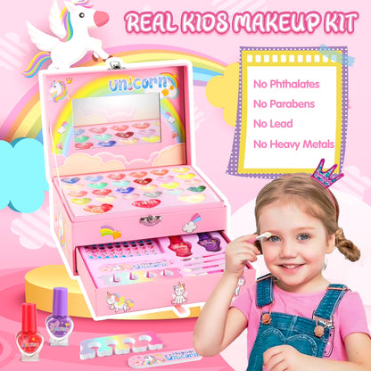 36-Piece Unicorn Makeup Kit for Girls – Real Washable Pretend Play Cosmetic Set with Mirror, Ideal Birthday Gift for Ages 4 to 9, Pink
