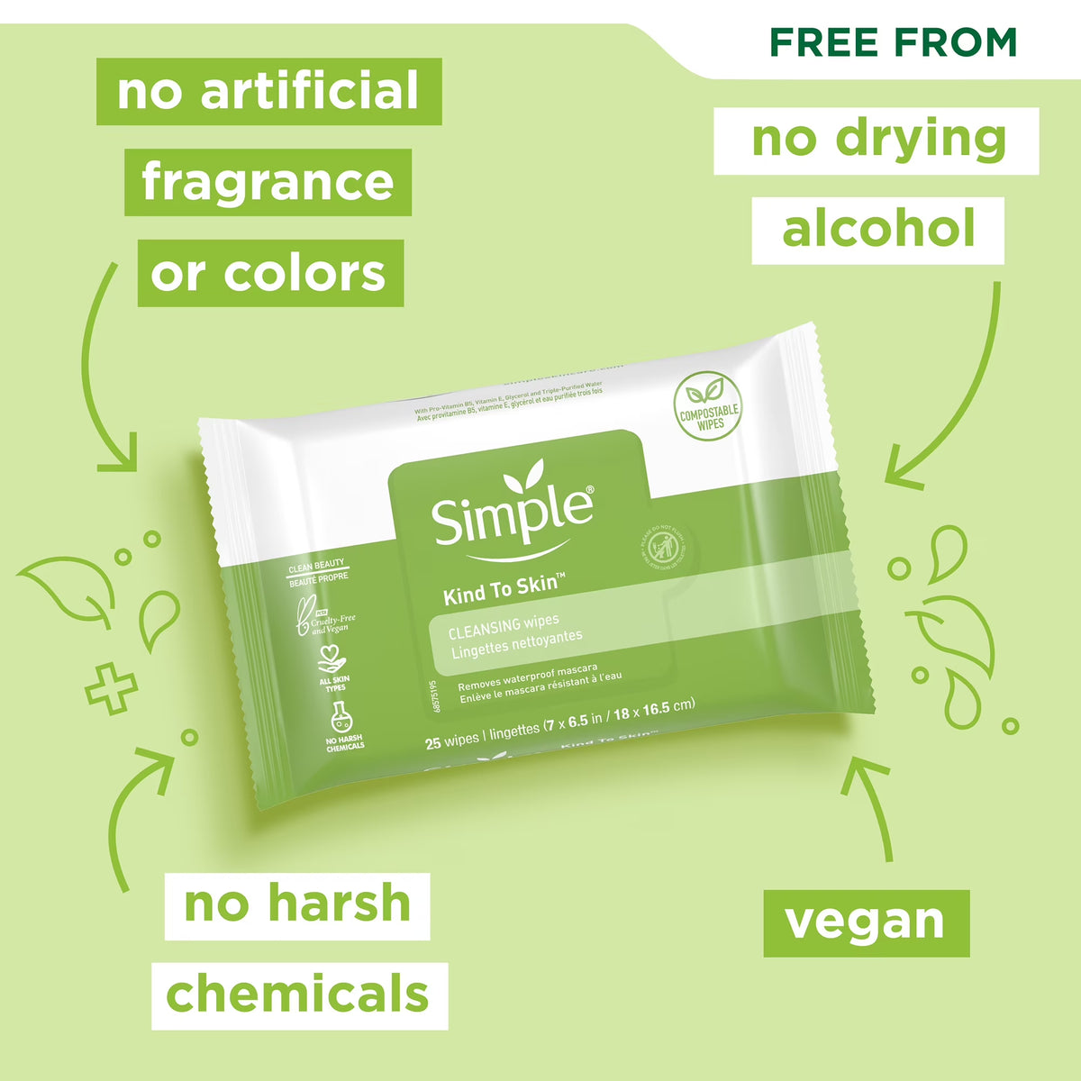 Kind to Skin Facial Cleansing Wipes - Gentle and Effective Makeup Remover, Free from Colorants, Artificial Fragrances, and Harsh Chemicals, 25 Wipes