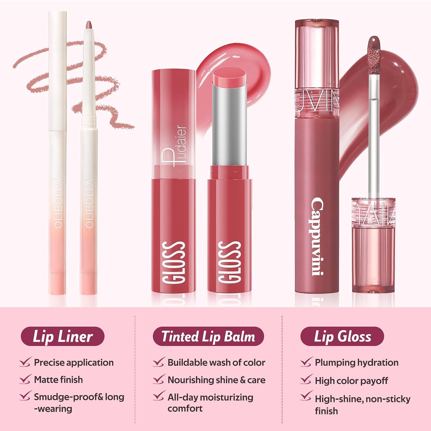 KIMUSE Sweet Fig Lip Combo Set - 3 Pack of Lip Liner, Lipstick, and Gloss