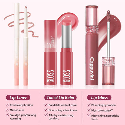 KIMUSE Sweet Fig Lip Combo Set - 3 Pack of Lip Liner, Lipstick, and Gloss