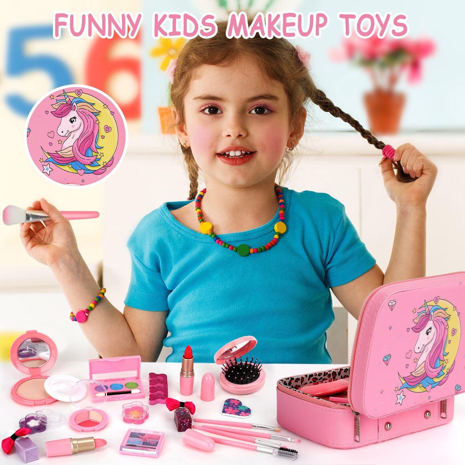 Children's Washable Makeup Kit - Princess Dress-Up Toys for Girls Ages 3-12, Ideal Birthday Gift
