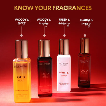 Bellavita Luxury OUD Experience Gift Set (4x20ml) – Premium Unisex Arabic Perfumes Featuring Gold, Dark, and White OUD with Notes of Caramel, Orris, Vetiver, and Citrus