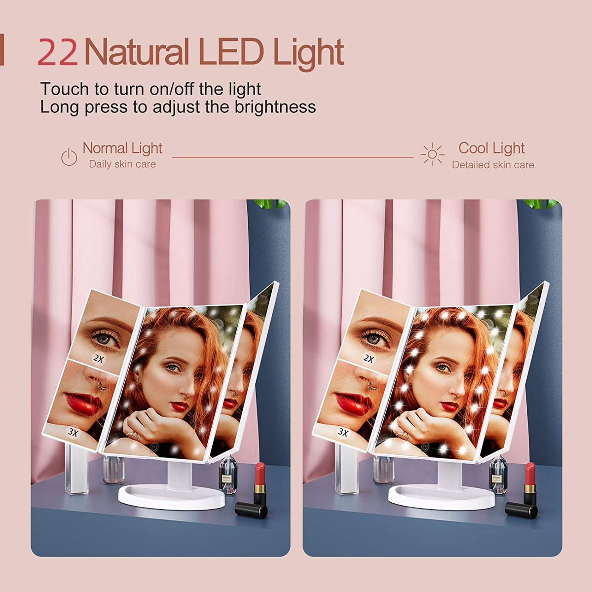 LED Lighted Makeup Mirror with Trifold Design, 1X/2X/3X Magnification and 10X Magnifying Mirror, Touch Control, Portable, White