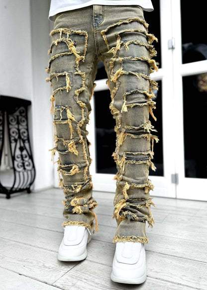 Men's Ripped Patchwork Stacked Jeans