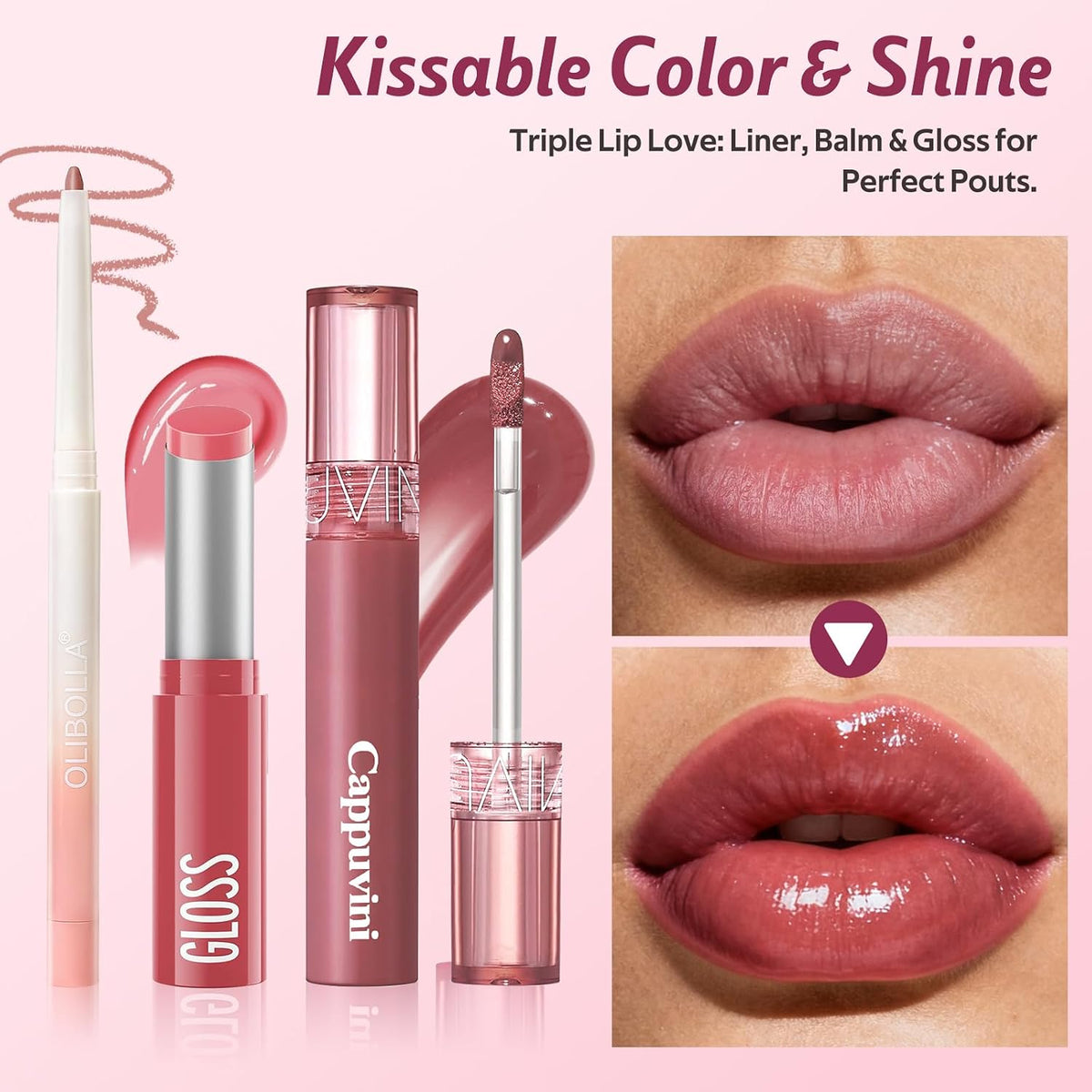 KIMUSE Sweet Fig Lip Combo Set - 3 Pack of Lip Liner, Lipstick, and Gloss