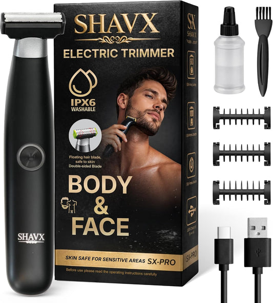 Men's Electric Body Hair Trimmer - Versatile Grooming Tool for Pubic, Beard, Chest, and Sensitive Areas with Skin-Safe Dual Blades, Waterproof Design, Rechargeable USB-C, and Three Combs