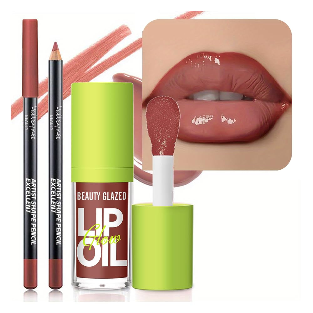 Lip Gloss and Lip Liner Set - Cocoa Brown, 90s Ombre Effect, High Shine Finish, Plumping and Volume Enhancing, Fuller Looking Lips (#V04+107)