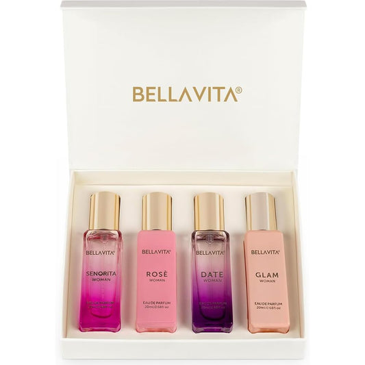 Bellavita Luxury Women's Perfume Gift Set - Includes Rose, Senorita, Date, and Glam | 80ml | Long-Lasting Fragrance with Pink Pepper, Yuzu, and Floral Peach