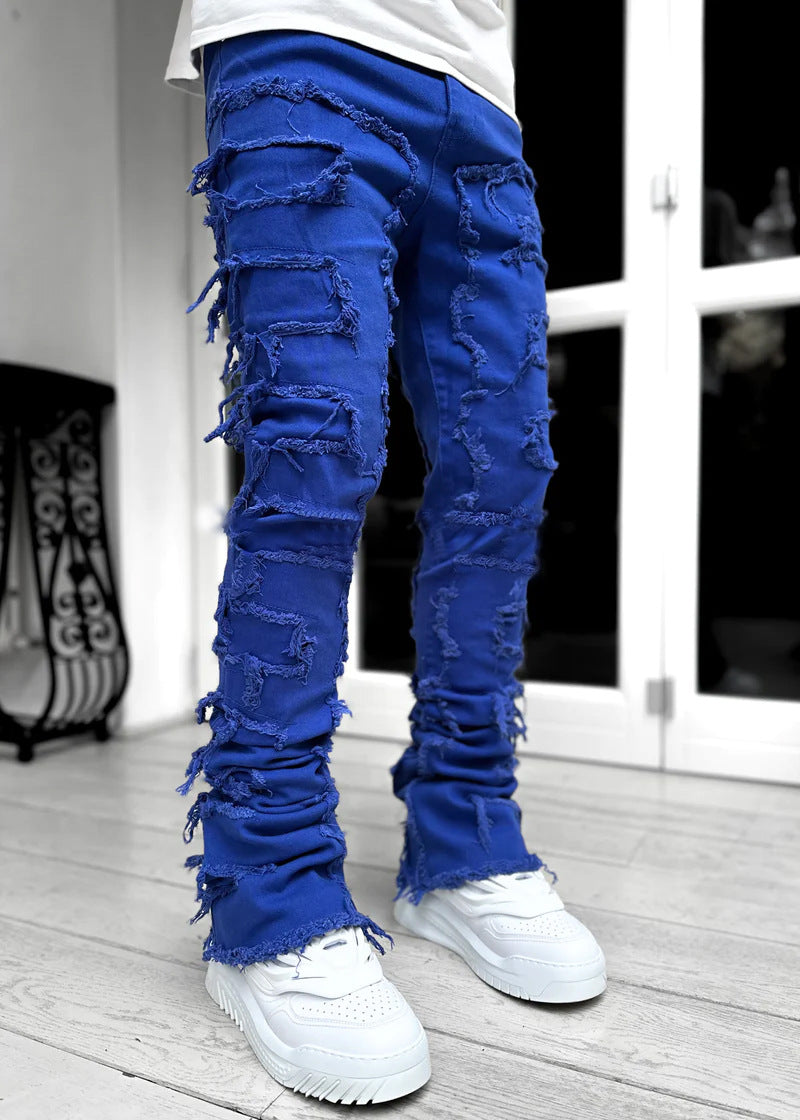 Men's Ripped Patchwork Stacked Jeans