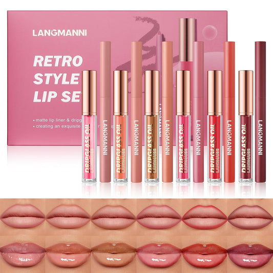 LANGMANNI 6-Piece Matte Lip Liner and Nourishing Lip Oil Gloss Set - Long-Lasting, Hydrating 2-in-1 Makeup Collection, Ideal Gift for Beauty Enthusiasts
