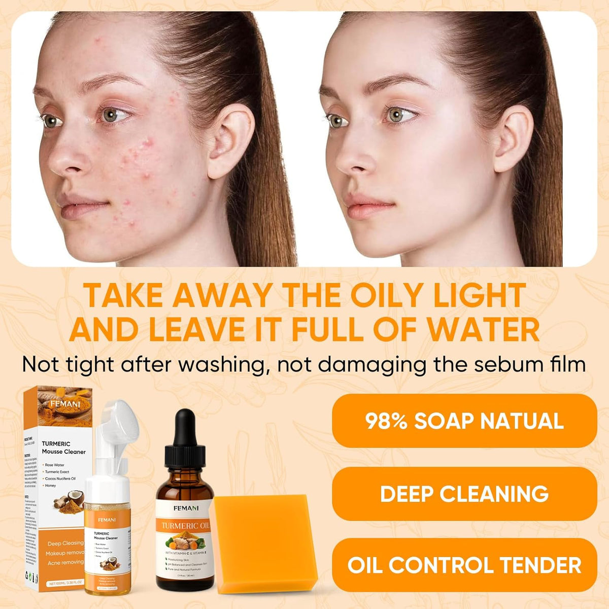 Turmeric Facial Care Set: Cleanser, Soap Bar, and Oil