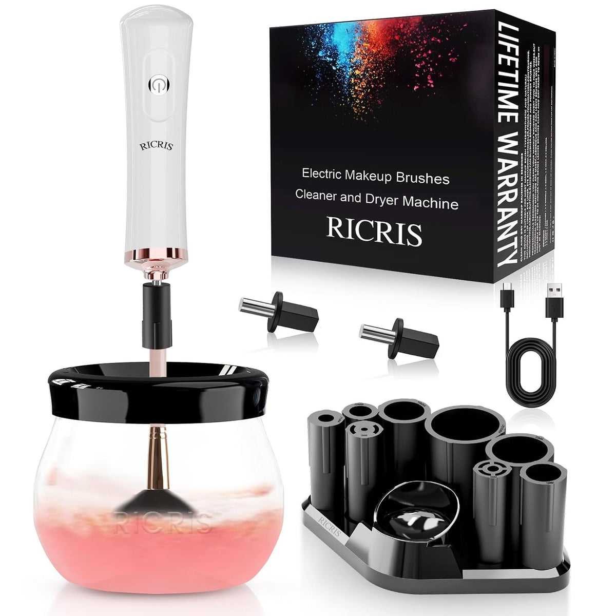 RICRIS Professional Electric Makeup Brush Cleaner and Dryer - Fast Automatic Brush Cleaning Spinner (White)
