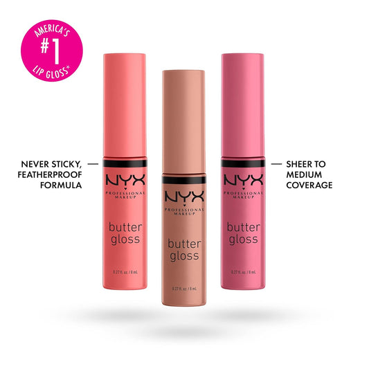 NYX Professional Makeup Butter Gloss Non-Sticky Lip Gloss Set - 3 Pack (Angel Food Cake, Creme Brulee, Madeleine)