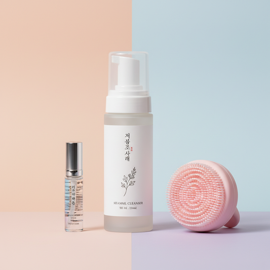 Korean beauty skincare bundle with foam cleanser, lash serum, and shampoo brush