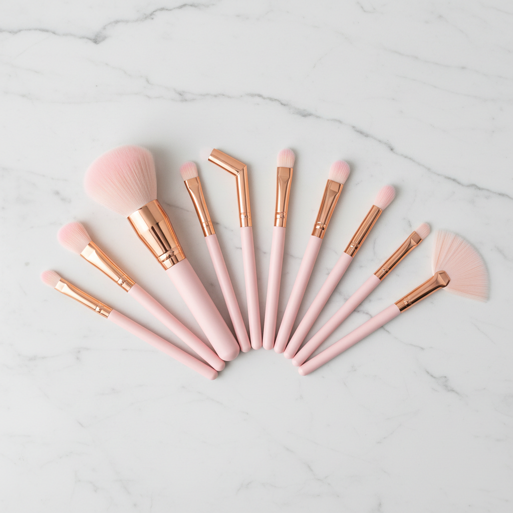 Professional makeup brush set with rose gold ferrules
