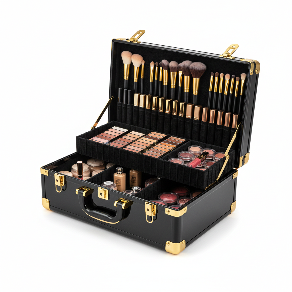 Carry all trunk makeup train case with multiple compartments